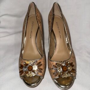 Antonio Melani Tan Embellished Peep-Toe Heels